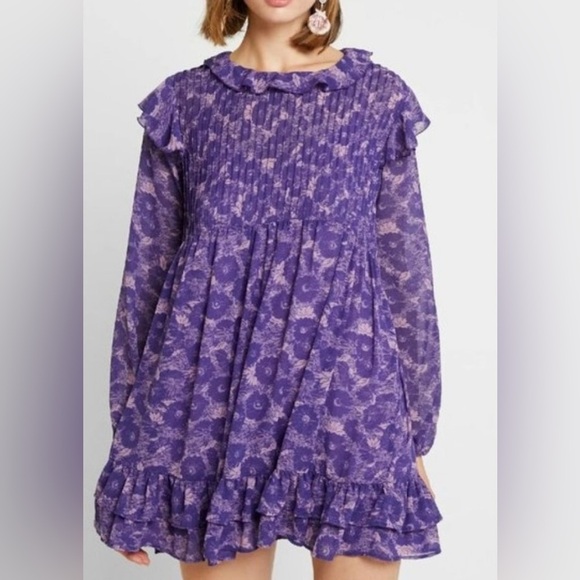 Free People Dresses & Skirts - Free People These Dreams Mini Baby Doll Dress Small Tunic Purple Bohemian Ruffle